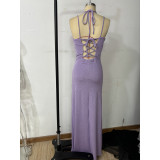 Purple V-Neck Slit Lace-Up Back Straps Elegant Maxi Dress