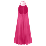Solid Halter Backless Loose Pleated Long Beach Dres Resort Dress