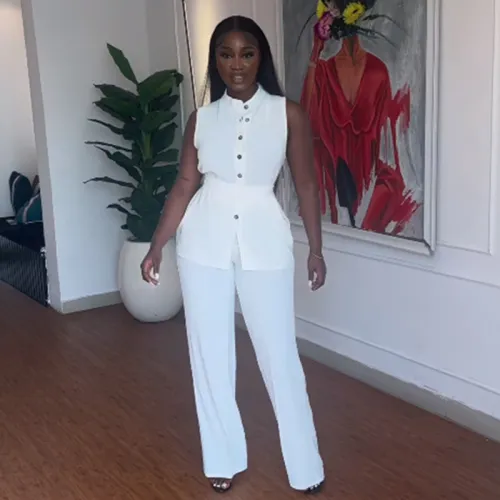 Stand Collar Solid Button Sleeveless Belted Top Wide Leg Pants 2PCS Set