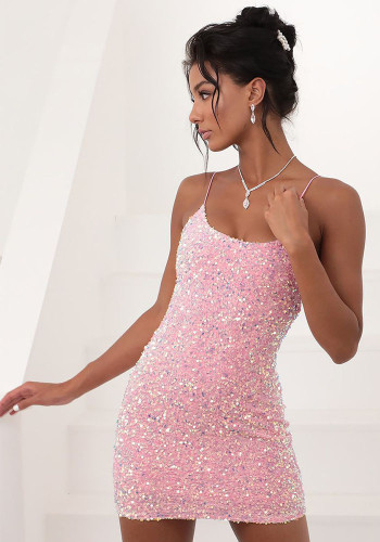 Pink Sparkling Sequin Slinky Strap Party Dress