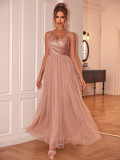 Sequin Bodice Sleeveless Maxi Dress V-Neck Chiffon Patchwork Evening Gown