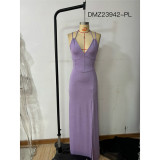 Purple V-Neck Slit Lace-Up Back Straps Elegant Maxi Dress