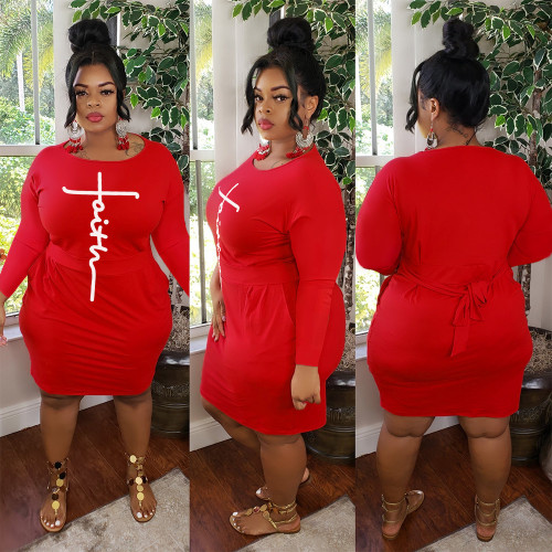 Red Letter Print Loose Plus Size Lace Up Long Sleeve Casual Dress
