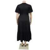 Plus Size Contrast V-Neck Ruffle Casual Long Dress