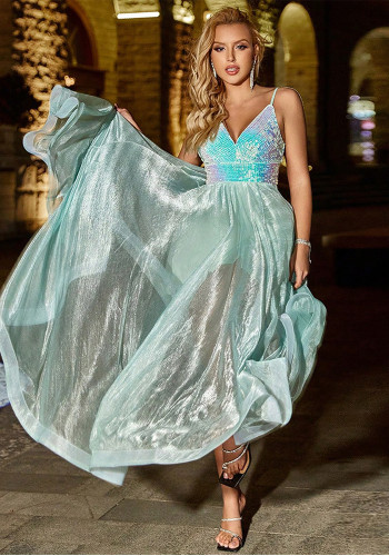 Sexy Sequin Bodice V-Neck Cami Party Evening Dress
