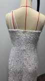 Sequin Sleeveless Slash Shoulder Slit Maxi Evening Dress