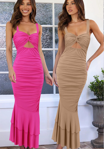 Sexy Wide Straps Cut Out Slim Fishtail Long Dress