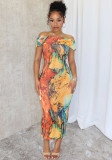 Sexy Off Shoulder Printed Long Bodycon Dress