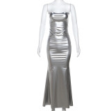 Silver Shiny Sexy Slim Waist Strapless Maxi Bodycon Dress