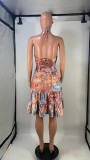 Fashion Print Halter Ruffles Low Back Causal Dress