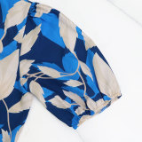 Puff Sleeve Leaf Print V-Neck Casual High Waist Maxi Dress