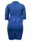 Blue Plus Size Career Slim Top + Skirt 2PCS Set