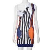 One Shoulder Sleeveless Striped Print Fashion Dress