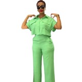Solid Two-piece Set Turn Down Collar Short-sleeved Shirt Top and Wide-leg Pants