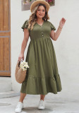 Plus Size Army Green V Neck Ruffle Sleeve Casual Loose Long Dress