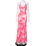 Sexy Pink Printed Low Back Halter Fishtail Maxi Dress