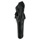 Plus Size Black PU Leather Long Sleeve Tie Waist Top Pants Set