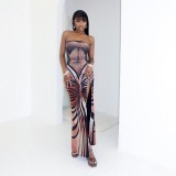 Printed Strapless Lace Up Back Sexy Slit Maxi Dress