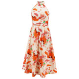 Sexy Halter Printed Sleeveless Midi Dress