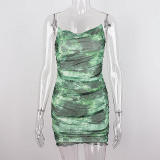 Mesh Overlay Sexy Tie Dye Print Low Back Strap Ruched Bodycon Dress