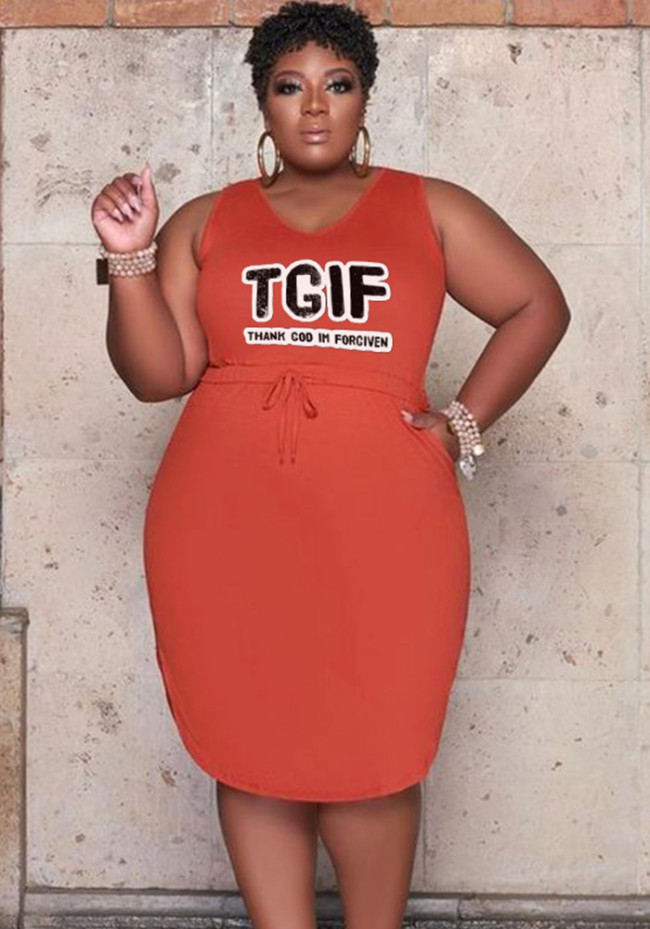 Plus Size Sleeveless V-Neck Printed Tie Waist Casual Dress