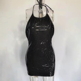 Sexy Patent PU Leather Halter Neck Sleeveless Backless Bodycon Dress