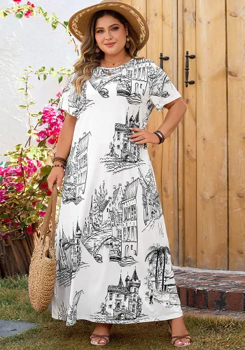 Plus Size Loose Printed Short Sleeve Casual Long Dress
