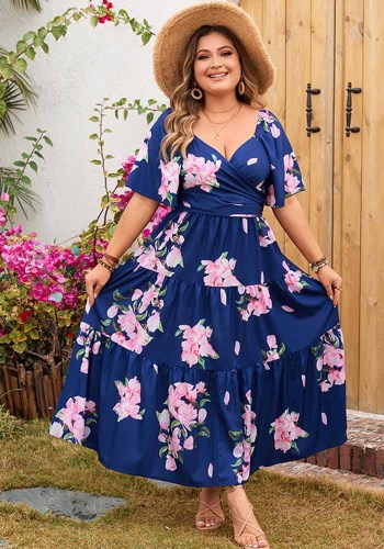 Plus Size Floral V-Neck Loose Maxi Dress