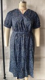 Plus Size Printed Floral V-Neck Short Sleeve Casual Dress with Belt