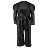 Plus Size Black PU Leather Long Sleeve Tie Waist Top Pants Set