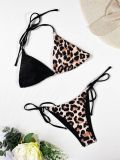 Leopard Print Contrast Sexy Halter Bikini Set Swimwear