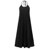 Solid Halter Backless Loose Pleated Long Beach Dres Resort Dress