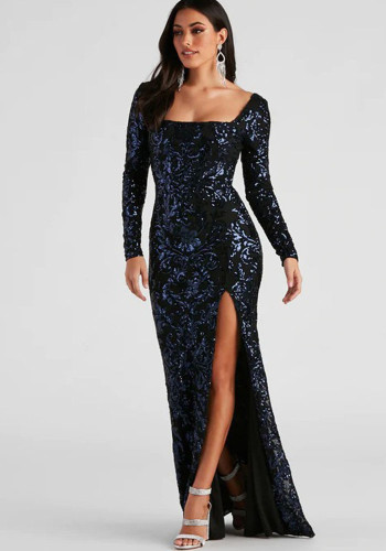 Sexy Lace-Up Back Long Sleeve Sequin Long Evening Dress