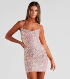 Pink Halter Sequin Sexy Mini Party Dress