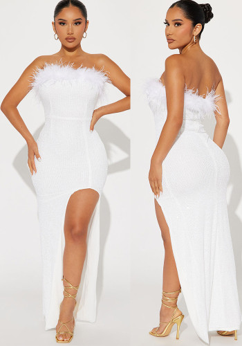 White Feather Strapless Sequin Low Back Slit Party Dress
