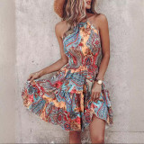 Fashion Print Halter Ruffles Low Back Causal Dress
