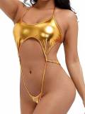Solid Color Shiny Halter Lace-Up Backless One Piece Swimsuit