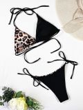 Leopard Print Contrast Sexy Halter Bikini Set Swimwear
