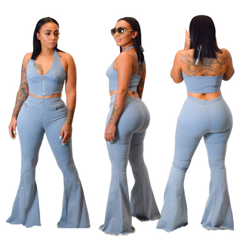 Fashion Sexy Washed Denim Two Piece Set Crop Tank Top Flare Pants