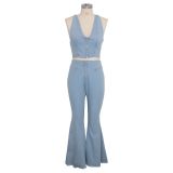 Fashion Sexy Washed Denim Two Piece Set Crop Tank Top Flare Pants