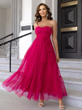 Hot Pink Strapless Mesh Ruffle Long Party Dress