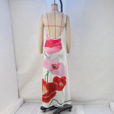 Floral Print Backless Cami Sexy Long Skirt Beach Dress for Women