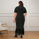 Plus Size Denim Short Sleeve Tassel Long Dresses