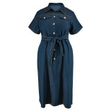 Plus Size Turndown Collar Short Sleeve Button Belted Denim Dress