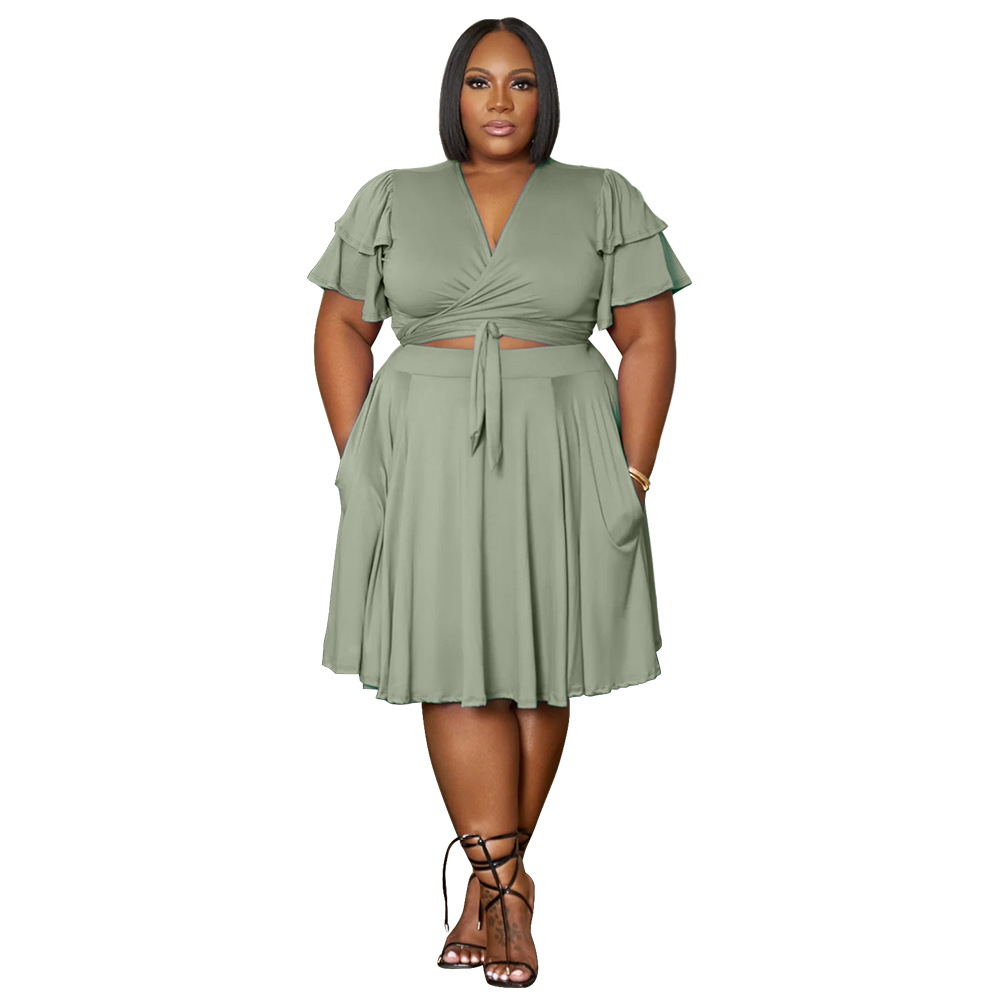 Plus Size 2PCS Set Ruffle Sleeve Tie Front V-Neck Top Loose Pocket Skirt