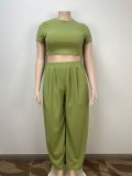 Stylish Casual Plus Size Green Crop Top Two-Piece Wide Leg Pants Set