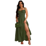 Casual Solid Wide Strap Lace-Up Back Loose Maxi Dress