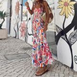 Printed Shirred Floral Straps Resort Maxi Dress