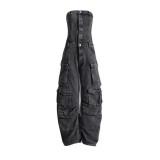 Street Style Stylish Strapless Slim Waist Denim Pockets Cargo Jumpsuit