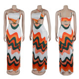 Sexy Printed Low Back Cut Out Stretch Halter Maxi Dress